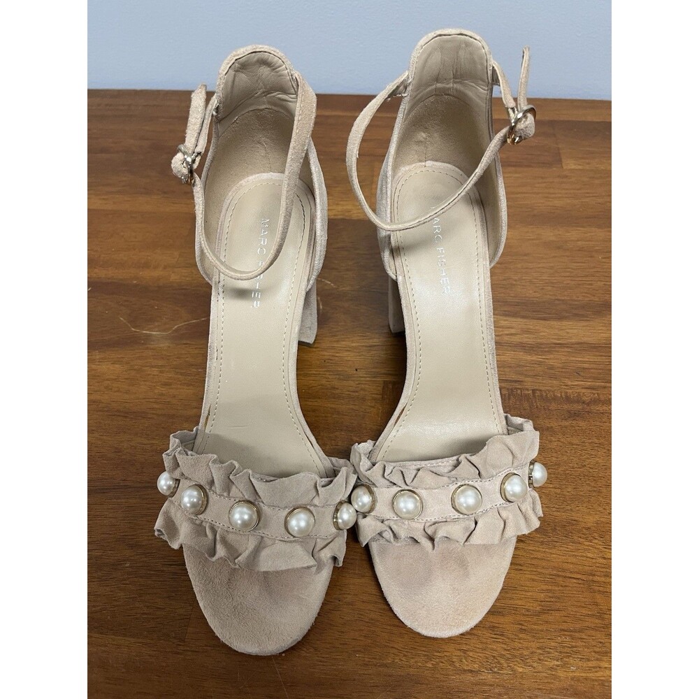 Marc Fisher Women’s Beige Suede Strappy Open Toe Buckle Heels US 9M